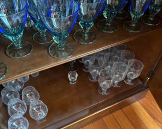 Green and blue glass set of 12 water and wine
And antique etched crystal glasses with bird motif