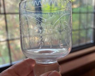 Bird motif etched crystal water and wine glasses