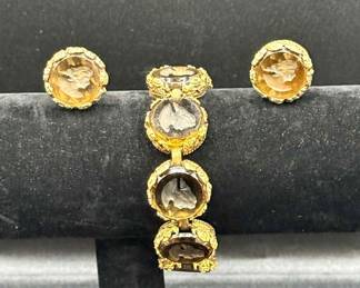 Vintage Intaglio Cameo Bracelet Earring Set GoldTone Frames