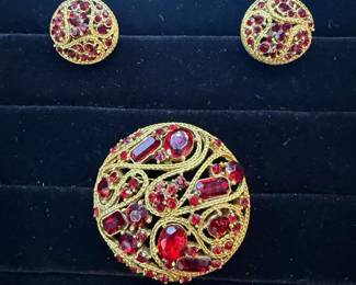 Vintage Red Rhinestone Brooch Earring Set