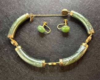 Genuine Oriental Jade Bracelet Earring Set 14K Gold Accents