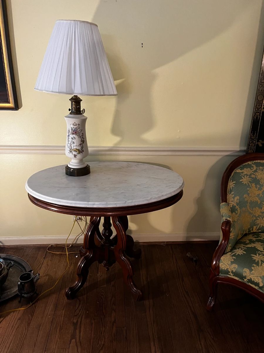 #3 Eastlake pedestal marble top end table 36x28x28 $175.00
#4 Asian print ceramic with brass base 32" $100.00