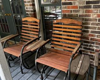 #32 Set of 2 Wood/Metal Glider Rockers w/Side Table Attached $120.00
#33 As Is Wood/Metal Glider Chair w/side Table (table needs repair) $35.00
