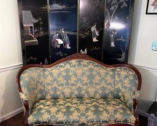 #1 antique camel back parlor loveseat 63" long $200.00
#2 Asian mother of pearl, 4 panel screen four 16x72 panels $200.00