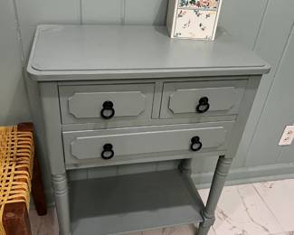 #130 green painted 2 drawer open bottom cabinet 24x13x31 $75.00