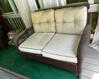 #50 Brown Plastic wicker Love Seat GBC Brand - 58" W (as is cushions) $150.00