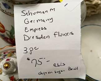 #209 Schumann Germany Empress Dresden Flowers - 3 pc set (small chip on sugar bowl) $75.00