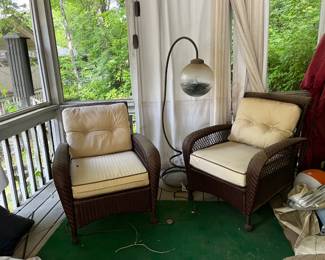 #48 Brown Plastic Wicker Set of 2 Side Chairs w/cushions GBC Brand $100.00
#49 Metal Twisting Floor Lamp - 60" Tall $30.00
Sold