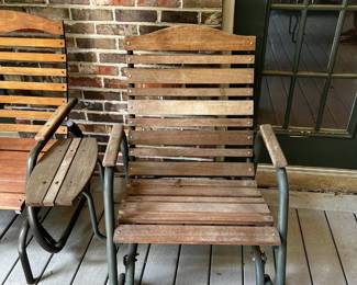 #32 Set of 2 Wood/Metal Glider Rockers w/Side Table Attached $120.00
#33 As Is Wood/Metal Glider Chair w/side Table (table needs repair) $35.00
