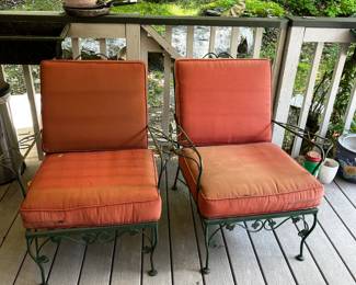 #40 Pair of Green Wrought Iron Side Chairs (with cushions as is) $150.00