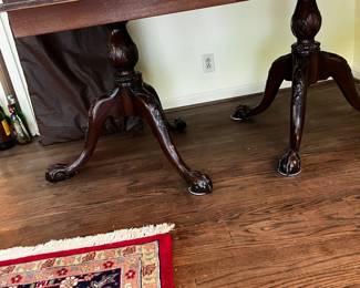 #16 Wood Dining Table w/3 leaves (no chairs) double pedestal carved legs w/wood Ball & Claw Feet - 76-142 x 46x30 $175.00