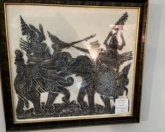#172 Thai Rubbing on rice Paper from Temple - Battle Scene on Elephants - 24x22 $75.00