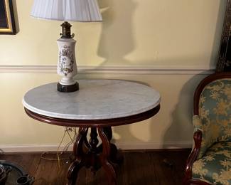#3 Eastlake pedestal marble top end table 36x28x28 $175.00
#4 Asian print ceramic with brass base 32" $100.00
