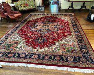 #15 Turkish Hand-knotted Area Rug - 10x 14 - Tomato Red w/navy Cream Designs $800.00
