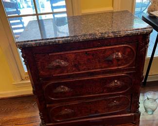 #61 Antique 3 drawer Chest of Drawers w/marble Top (as is foot - not level) - 30x17x31 $175.00