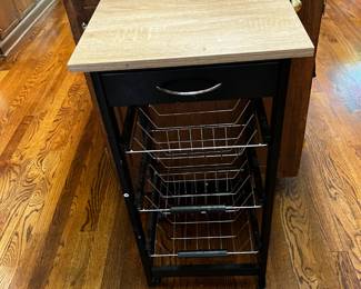 #54 Black Wood Base Rolling Shelf w/3 wire Baskets & 1 drawers w/laminate top - 15square x 29T $30.00