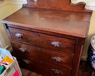 #62 Wood 3 drawer Chest of Drawers (as is cracked top) - 32x16.5x29 $175.00