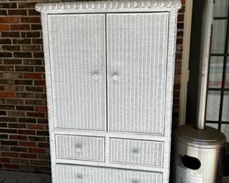 #23 White Painted Wicker Entr. Center (been outside) w/4 drawers & 2 doors - 34x20x65 $45.00