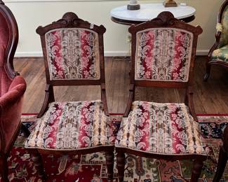 #12 Eastlake Pair of Side Chairs w/Burgandy Stripe w/cream Floral $80.00