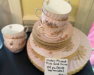 #185 Minton Minuet Pink/Gold China - 24 pieces (as is cup handle) $100.00