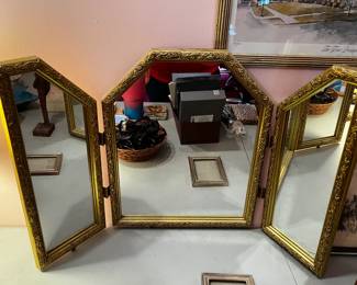 #94 Wood Gold Painted tri-fold Table Top Mirror - 28x18 $30.00