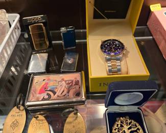 Vintage lighters, keyrings, money clip, Invicta watch