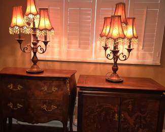 Asian inspired cabinet, 2 drawer chest, vintage 4 shade French style lamps