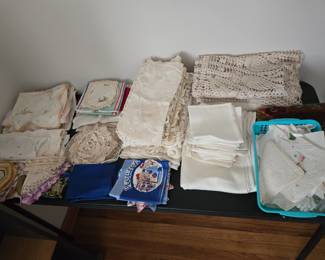 Vintage linens - lace doilies & table runners, eyelet, hand embroidered items, handkerchiefs, table linens