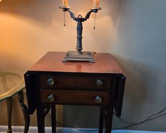 Two drawer drop leaf vintage table with glass knobs with 2 shade vintage lamp