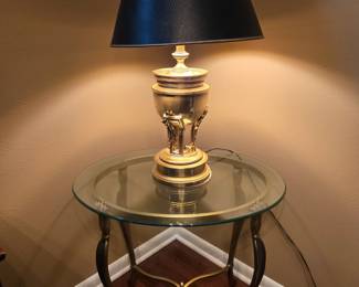 Brass base glass top table and brass lamp