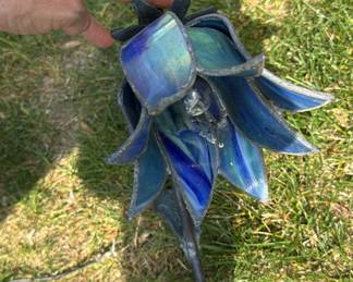 Handcrafted Stone Manor outside lighting. Set of 2 blue stain glass flowers with one leaf
24” tall