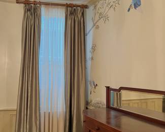 two pairs of olive silk drapes + chunky wood hardware