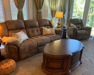 Reclining sofa, coffee table, recliner