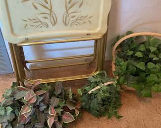 Four Plastic 1960s TV Trays On Wheels And Some Faux Plants