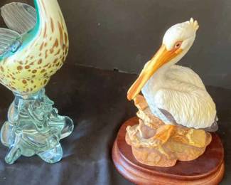 Murano Duck In Flight And A White Pelican By Sadet