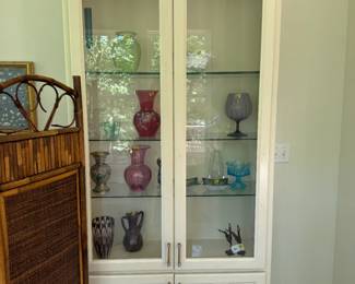 Handmade shelf, vases, and glassware
