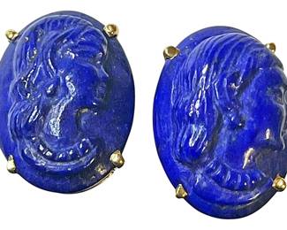 14K Carved Lapis Lazuli Cameo Earrings
