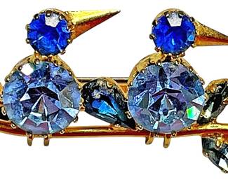 Striking Blue Rhinestone Birds Brooch