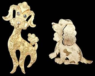 Two Signed Gold Tone Dog Brooches