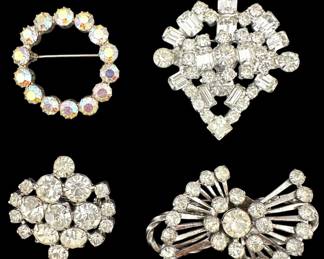 Four Silver Tone Rhinestone Brooches