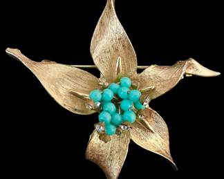 Gold Tone Flower Turquoise Bead Brooch
