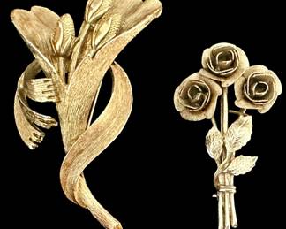 Two Gold Tone Flower Bouquet Brooches