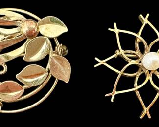 Two Gold Filled Faux Pearl Brooches