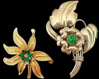 Two Gold Tone Green Rhinestone Brooches