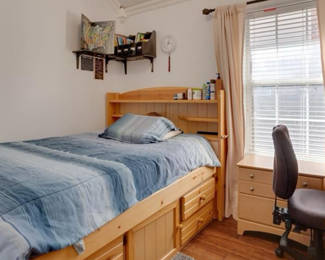 Pine Full-Size Bed set with study desk oak wood and chair.