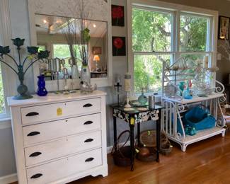 Vintage white painted dresser with black metal handles & white painted mirror