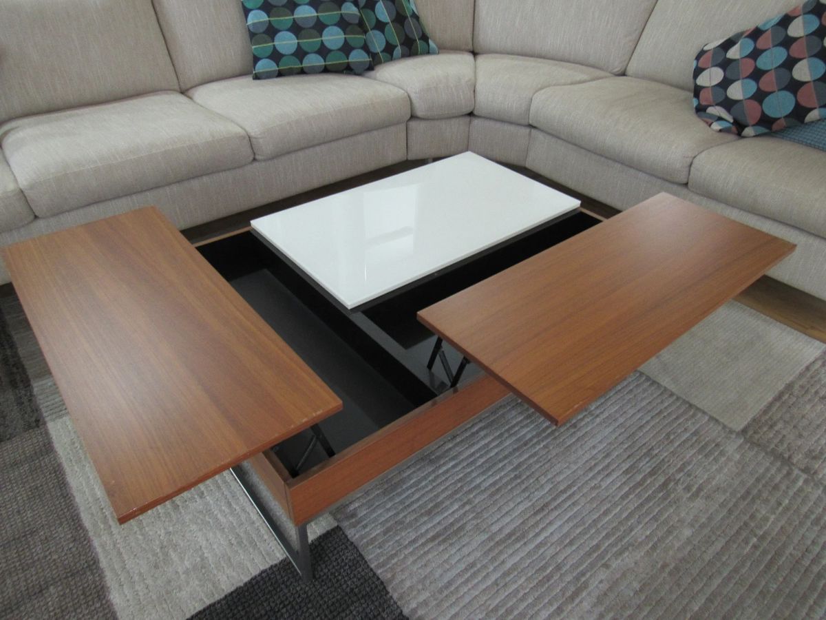 BoConcept Chiva coffee table with storage, walnut, white glass, brushed steel.