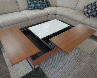 BoConcept Chiva coffee table with storage, walnut, white glass, brushed steel.