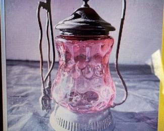 Cranberry pickle caster / server. Spot coin glass.