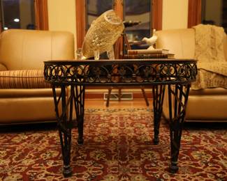 Accent table, decor, two leather and corduroy reclining armchairs, and rug